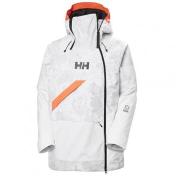 Chaqueta de esquí con capucha Helly Hansen Powchaser Asym para mujer en color gris y blanco