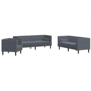 Set de sofás Chesterfield con cojines 3 pzs terciopelo gris oscuro