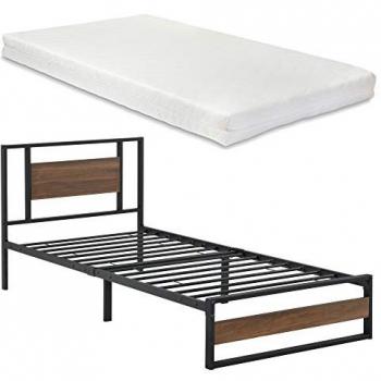 Cama Individual Villach con Somier y Colchón de Espuma Fría 90 x 200 cm - Negro Mate y Efecto Nogal