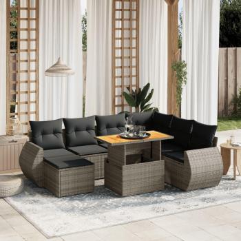 8-Piece Grey Poly Rattan Garden Sofa Set with Cushions
