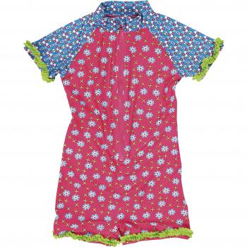 Traje de baño infantil rosa con flores y protección UV