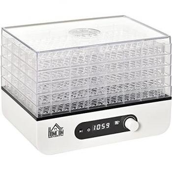 HOMCOM Deshidratador de Alimentos 400W con 5 Bandejas Pantalla LCD Temperatura Ajustable 35-70 ℃ y Temporizador de 72 Horas para Verduras Frutas Carne sin BPA 29x19x21,5 cm Blanco