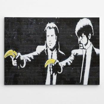 Impresión sobre Lienzo Banksy Pulp Fiction, Poliéster, Madera, 100x3x70 cm, Negro, Blanco y Amarillo