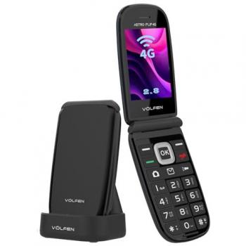 Teléfono Móvil Volfen Astro Flip 4G Negro para Personas Mayores con Tapa, Teclas Grandes, Pantalla XXL de 2,8”, Botón SOS y Base de Carga USB-C, Doble SIM