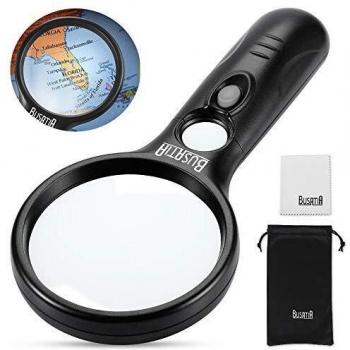 Lupa con Luz BUSATIA - 3LED Lupas con Luz LED 3X 45X, Lupa de Mano Portátil para Lectura Observación Afición y Manualidades - Con Paño de Lente y Bolsa de Almacenamiento