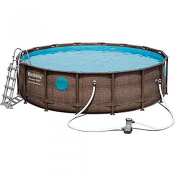 Bestway 56725 - Piscina Desmontable Tubular Power Steel Diseño Madera 488x122 cm con Depuradora, Cobertor y Escalera