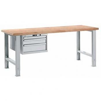 Banco de trabajo modular LISTA altura 740 mm, con armario colgante y 3 cajones, color gris claro, ancho de mesa 2000 mm