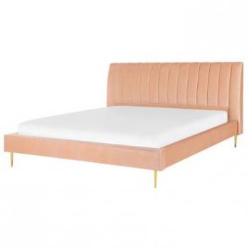 Cama de matrimonio en terciopelo melocotón 180 x 200 cm con somier y cabecero alto Marville