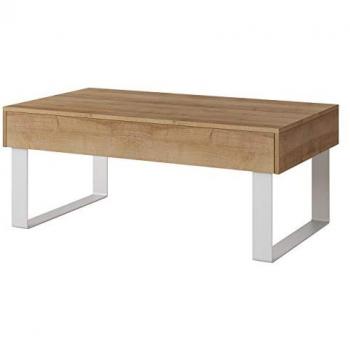 Mesa de centro Providence B136, Roble dorado, 45x64x110cm, Aglomerado laminado, Angular con dos cajones y patas de metal