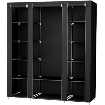SONGMICS Armario Portátil, Armario Plegable, Organizador de Ropa con Rieles para Colgar, Estantes, Cubierta de Tela, para el Dormitorio 150 x 45 x 175 cm, Negro LSF03H