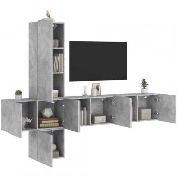 Mueble de TV de pared 5 piezas en madera de ingeniería con acabado en hormigón gris y luces LED