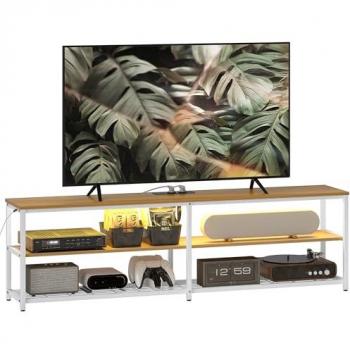 Mueble de TV Industrial con Luces LED y Control Remoto, Extensión para Cargar y 2 Compartimentos Abiertos, para Televisores de 65 Pulgadas, 159x29x46,5 cm Natural - Hom