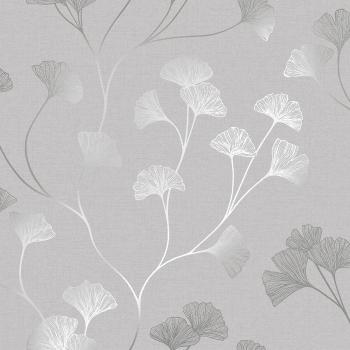 Holden Decor Glistening Ginkgo Grey & Silver Wallpaper - 10.05m x 53cm, Floral Wallpaper Flowers Grey Silver Metallic Shimmer