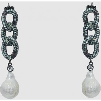 Pendientes largos de plata con circonitas azules, blancas y perlas barrocas