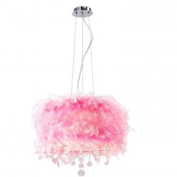 Lámpara colgante Ibis con pantalla de plumas rosa, 3 bombillas, cromo pulido y cristal