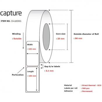 Etiqueta de Impresora Láser Capture 100x100 mm, Núcleo 25, Blanca, CA-LB3001