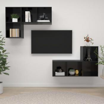 Mueble de salón de pared 4 piezas madera ingeniería, color negro brillante, incluye mueble TV y mesa de TV