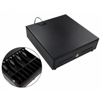 Cajón Portamonedas Eléctrico Metálico Negro 330x335x105mm con 8 Compartimentos para Monedas, 4-5 Compartimentos para Billetes, Ranura Frontal y C
