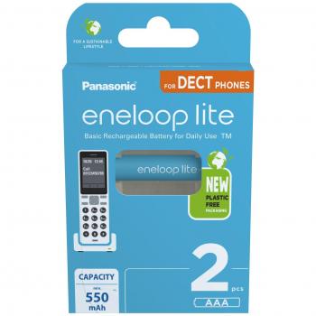 Pilas Recargables Panasonic Eneloop Lite AAA/Micro, Capacidad mínima de 550 mAh, Pack de 2, Listas para usar, 3000 recargas, Envase libre de plásticos, Pila Ni-M