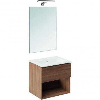 Cosmic - Conjunto de baño con mueble suspendido con 1 cajón y 1 hueco, lavabo de porcelana, espejo y aplique