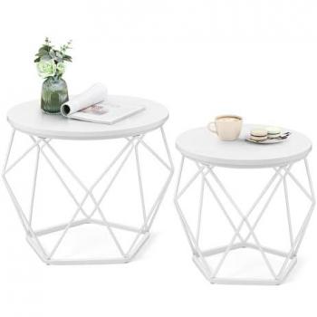Set de 2 Mesas de Café Redondas con Tapa Desmontable Blanco Nieve + Blanco Nube