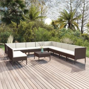 12-Piece Brown Poly Rattan Garden Lounge Set with Cushions