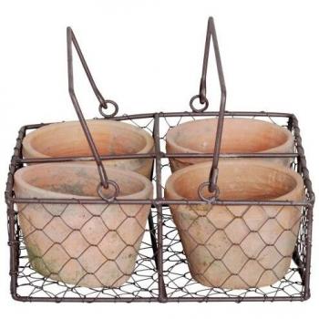 Set de 4 macetas de terracota envejecida en cesta con asa