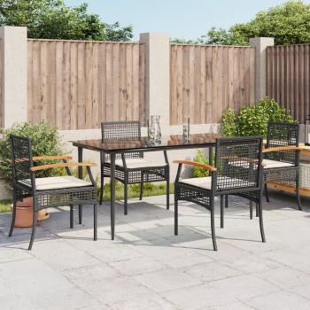 5 Piece Black Poly Rattan Garden Dining Set with Cushions