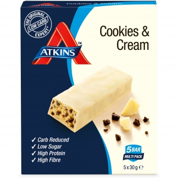 Atkins Advantage Barritas de Cookies & Cream - Pack de 5 Unidades x 30 gr - Total: 150 gr