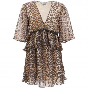 Ganni Pleated Mini Dress with Leopard Motif - Size 34 Beige