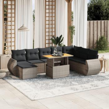 9-Piece Grey Poly Rattan Garden Sofa Set with Cushions