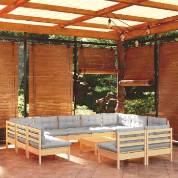 12-Piece Solid Pinewood Garden Lounge Set with Grey Cushions