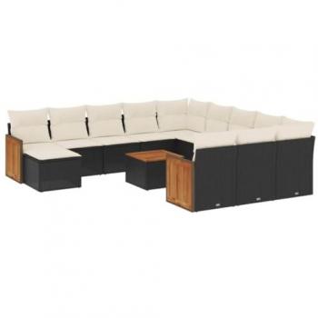 13-Piece Black Poly Rattan Garden Sofa Set with Cushions