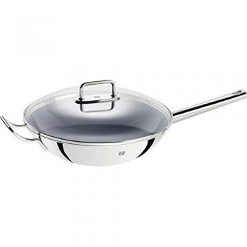 ZWILLING Wok, Incluye tapa de vidrio e inserto de rejilla extraíble, Con mango largo, Apto para la inducción, Ø 32 cm, Acero inoxidable