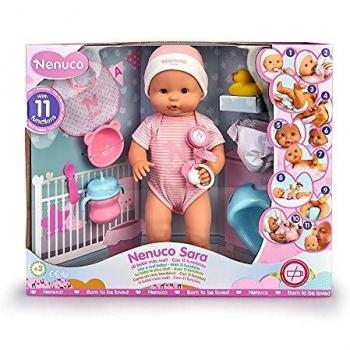 Nenuco - Sara, muñeca 11 funciones interactivas: cierra los ojos, come papilla, bebe biberón, hace babitas, pipí en orinal, popó en pañal, llora, se baña, se mueve y huele a bebé. FAMOSA