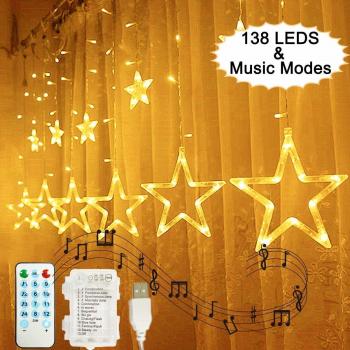 138 LEDs Luces de Cortina de Estrella, Hezbjiti Estrella Guirnalda de Luces de Cadena Estrelladas con Función de Ritmo Musical, Mando a Distancia Para Exteriores/Xmas/Party