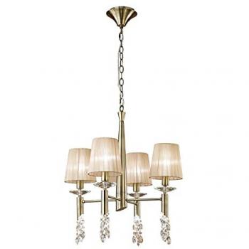 Lámpara colgante Tiffany 4+4 luces E14+G9, latón antiguo con pantallas de bronce suave y cristal transparente