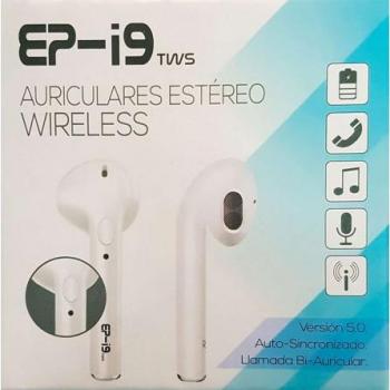 Auriculares Estéreo Wireless EP-I9 TWS, auriculares in-ear, conectividad Bluetooth 5.0, diseño ergonómico, control táctil, micrófono incorporado, duración de batería de hasta 4 horas con carga