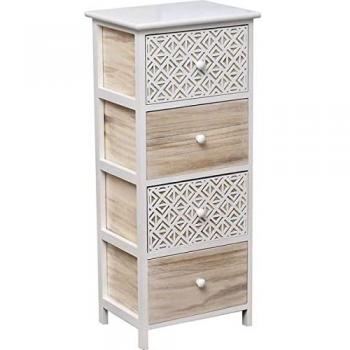 Sinfonier Cajonera TENDANCE de Madera MDF y Paulownia, 4 cajones con tiradores de madera, color blanco natural y blanco grabado