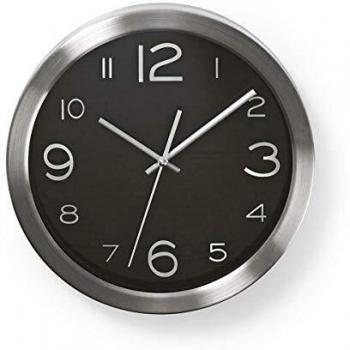Nedis Reloj de Pared Reloj de Pared | Diámetro: 30 cm | Acero Inoxidable | Acero Inoxidable Negro/Plata