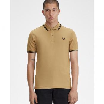 Fred Perry Men's M3600 Twin Tipped Polo Shirt - Warm Stone - Short Sleeve with Contrast Collar and Cuffs
