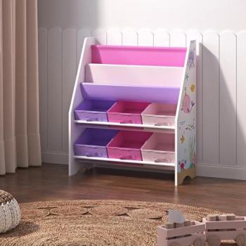 Estantería Infantil Ponteceso con Motivo Oceánico, 6 Cajas Abiertas, Aglomerado/Tela, 74x62x27 cm - Blanco/Rosa/Violeta