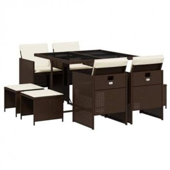 Set de Comedor para Jardín 9 Piezas con Cojines de Ratán Sintético Marrón