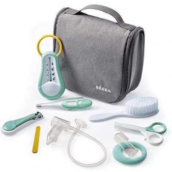 BÉABA - Neceser para Bebé - Set de Cuidado Recien Nacido - 9 accesorios : Termómetro de baño + Termómetro digital + Aro de dentición + Masajeador de encías + Aspirador nasal para bebés - Gris