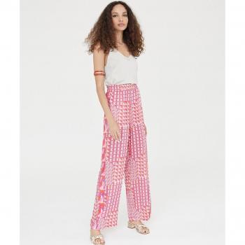 Pantalón Palazzo Fluido Estampado Geométrico Rojo y Lila
