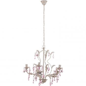 Lámpara araña KATE 5 Metal Claro, Cristal Marfil y Rosa