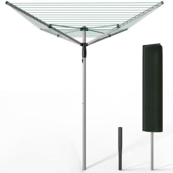 Tendedero Giratorio de 50 m para Ropa de Exterior con Sistema Tipo Paraguas, 4 Brazos, Funda y Estaca, Plateado/Verde