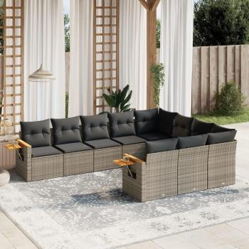10-Piece Grey Poly Rattan Garden Sofa Set with Cushions