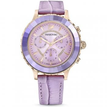 Swarovski Lux Chrono Leather Watch in Purple & Rose Gold, female, Purple, Size: ONE SIZE