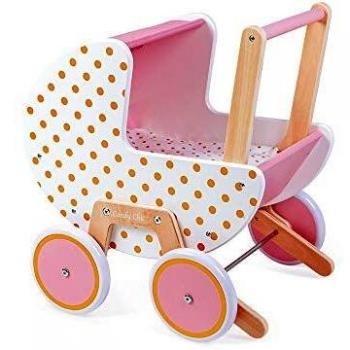 Janod - Cochecito de madera Candy Chic - Con almohada y manta - Ruedas de goma silenciosas - Sistema antivuelco desmontable - Accesorios para bebés - A partir de 18 meses, J05886